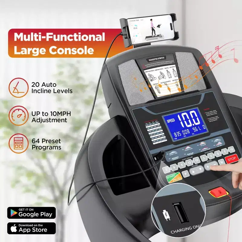 Treadmill Clearance: Portable Electric Treadmill with Handles, 20% Auto Incline, 4.5 HP Motor, Bluetooth App for Home/Office, Walking Running Machine