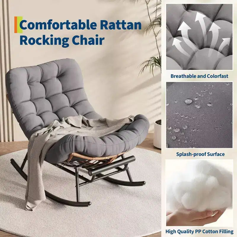 Oversized Rocking Chair with Footrest, Upholstered Lounge Chair with Metal Frame, Patio Reclining Chair for Patio Backyard Bedroom Garden