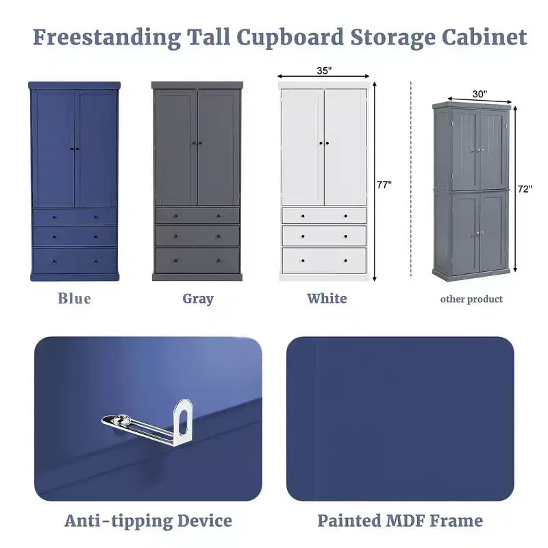 Freestanding Kitchen Pantry Organizer, Cabinet with 3-Adjustable Shelves, 3-Drawers, 8-Door Inner Shelves