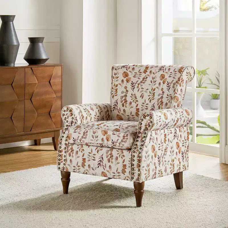 Traditional Wooden Upholstered Floral Armchair with Wingback and Nailhead Trim