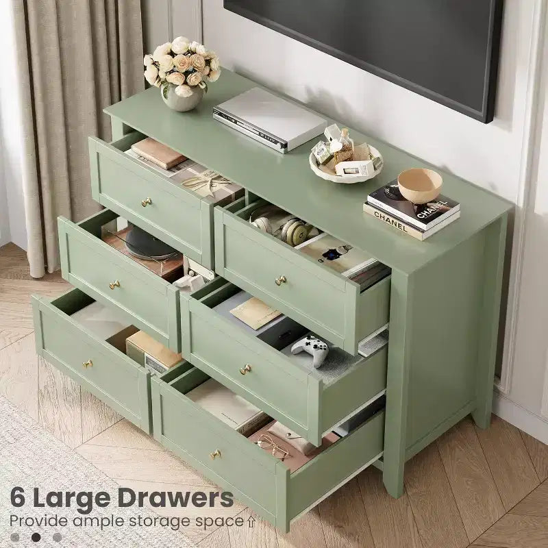 Modern Elegant 6-Drawer Storage Dresser,Lacquer Finish Wooden Chest with Solid Wood Legs, Versatile Organizer for Bedroom,Nursery,Living Room&Closet