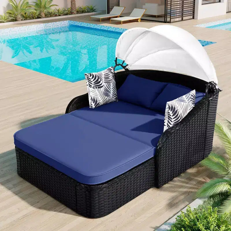 CLIHOME Outdoor Sunbed with Adjustable Canopy, Double Lounge, PE Rattan Daybed, Black Wicker and Cushion