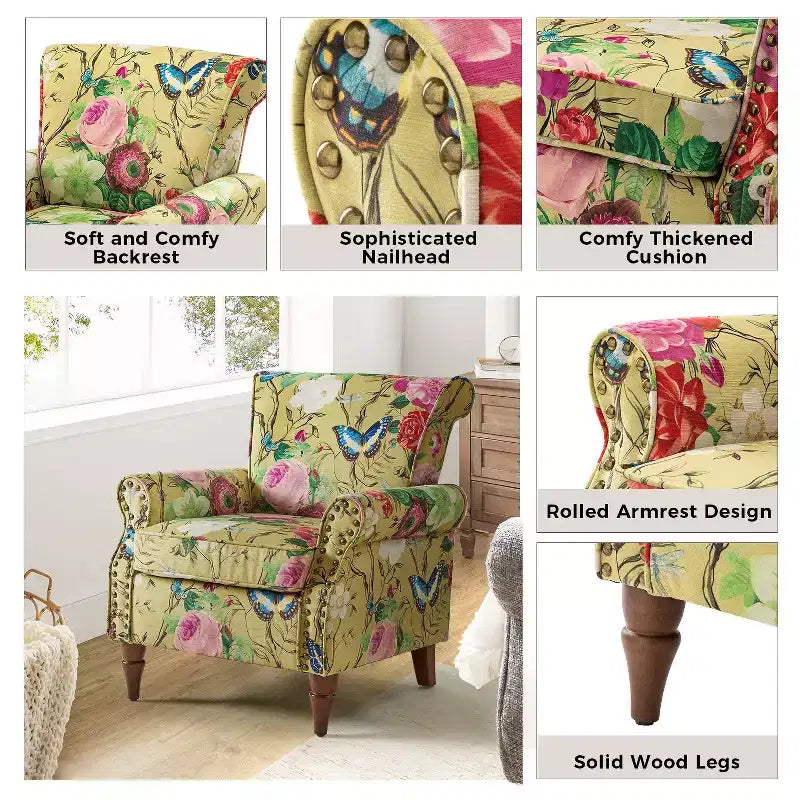 Traditional Wooden Upholstered Floral Armchair with Wingback and Nailhead Trim