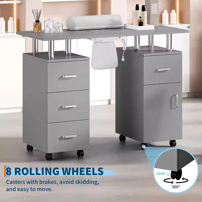 Manicure Table with Electric Dust Collector,42 Nail Table Beauty Salon Station with Lockable Wheels, Arm Rest,4 Storage Drawers,Resistant Top