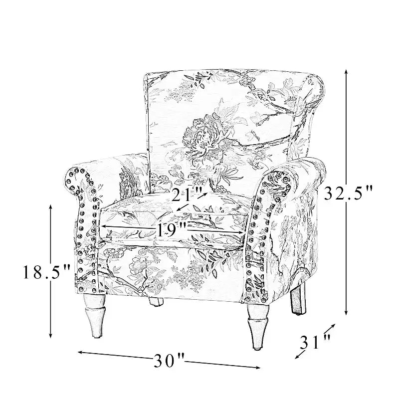 Traditional Wooden Upholstered Floral Armchair with Wingback and Nailhead Trim