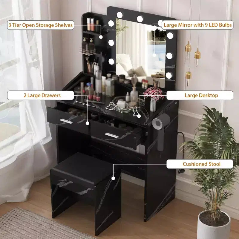 Vanity Desk with Mirror and Lights, Makeup Vanity with Power Outlet & Cushioned Stool, 3 Lighting Modes Adjustable Brightness, Dressing Table