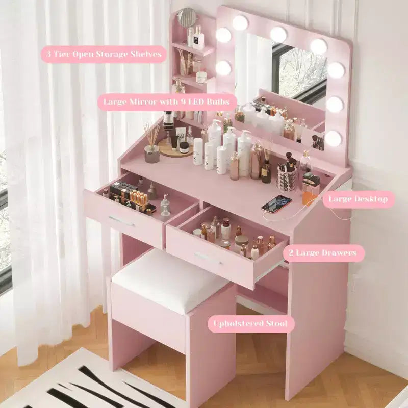 Vanity Desk with Mirror and Lights, Makeup Vanity with Power Outlet & Cushioned Stool, 3 Lighting Modes Adjustable Brightness, Dressing Table