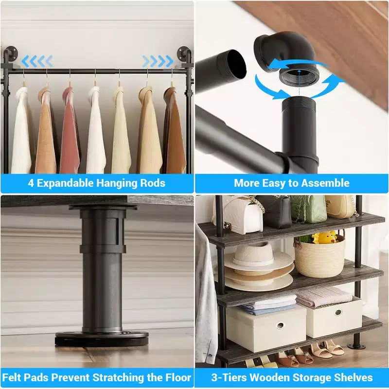 Besiost Industrial Pipe Clothing Rack, 7.3-10.9Ft Wall Mounted Closet System