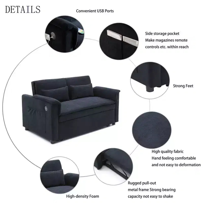 Convertible Sofa Bed Couch with Side Pockets & Adjustable Backrest, Velvet Upholstered Loveseat Sofa for Living Room, Bedroom