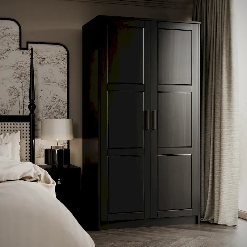2-Door Solid Pine Wood Wardrobe Armoire with Clothing Rod & Adjustable Shelf – White / Black / Gray, Solid Wood or Mirrored Doors, Single