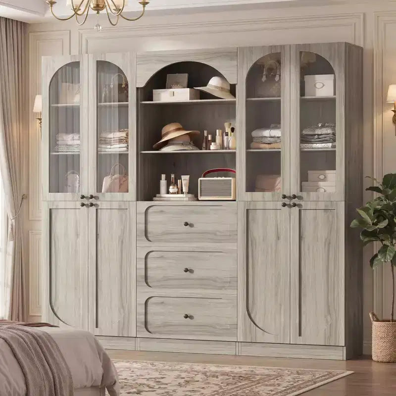 Besiost Combination Pantry cabinet with doors, Set of 2 bookcase with glass doors and shelves