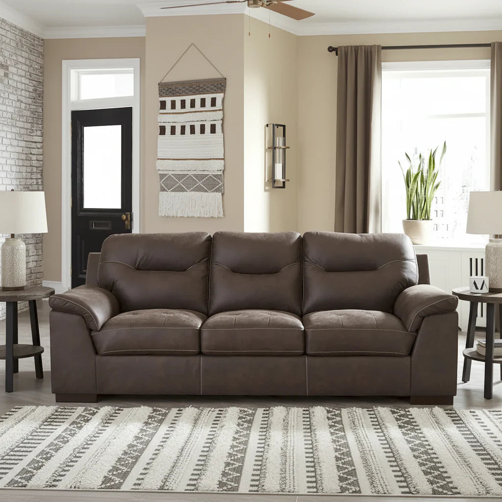 Pebble Brown Faux Leather Sofa with Tufted Styling & Pillow Top Armrests