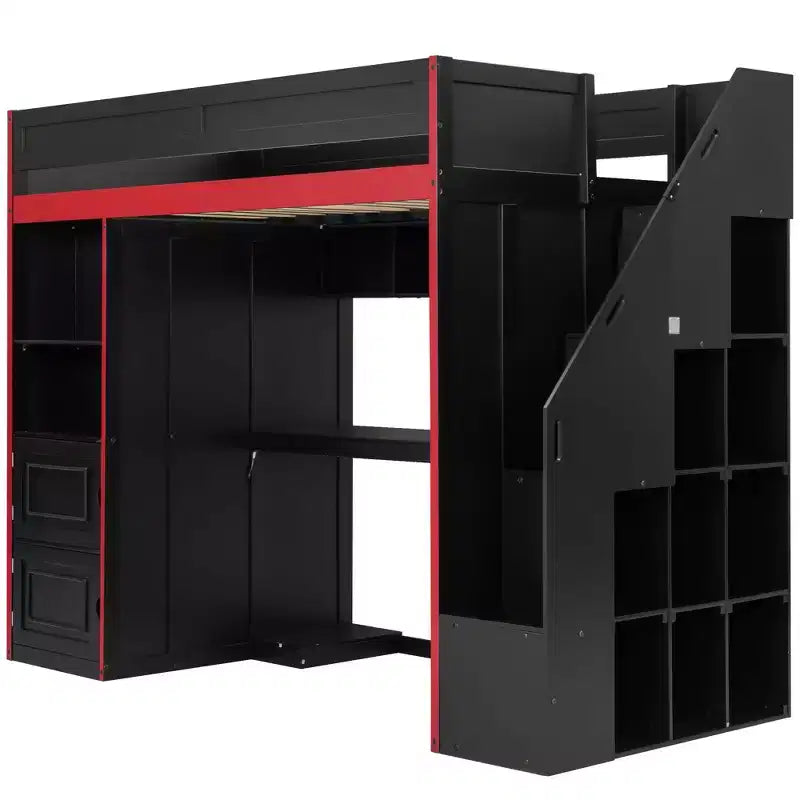 GDFStudio Barnes Gaming Loft Bed with Desk and Storage, LED Lights