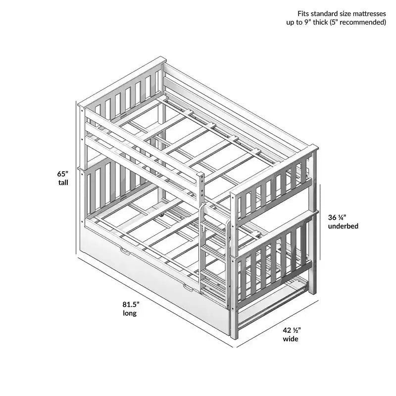 Twin over Twin Bunk Bed with Trundle, Solid Wood, Sleeps 3 – Blue / Espresso / Natural / Pecan / Walnut / White