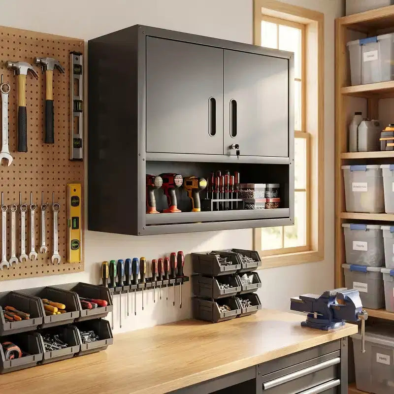 VIYET 30H Wall-Mounted Steel Cabinet - Locking Doors + Open Drawer + Adjustable Shelf, Cold-Rolled Steel, Garage/Office/Warehouse/Home/School