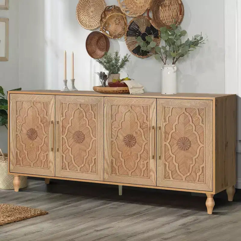 Large Storage Cabinet with Metal Handle, Carved Flower Doors, Wooden Mordern Sideboard Console with Adjustable Shelves