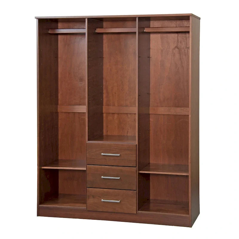 3-Door Solid Pine Wood Wardrobe Armoire, 72"H x 56"W, Mirrored or Panel Door, 3 Clothing Rods