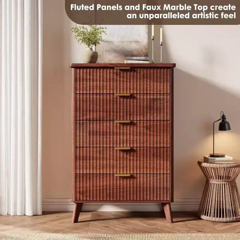 5-Drawer Fluted Dresser, 47.2-Inch Tall Chest of Drawers, Curved Design