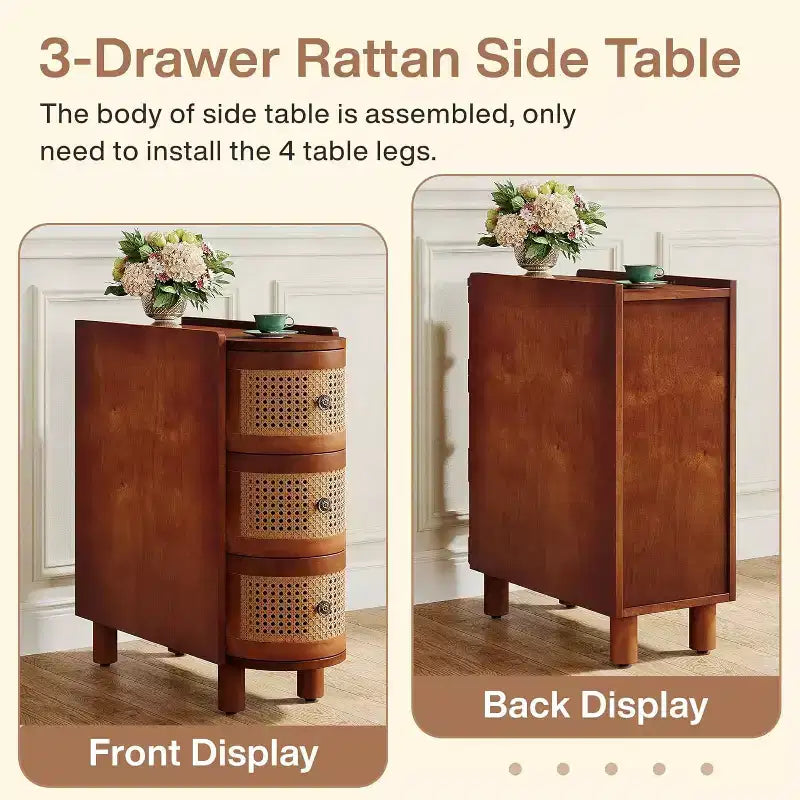 Lantine Solid Wood End Table with 3 Rattan Drawers and Exquisite Embossed Handles, No Assembly Required