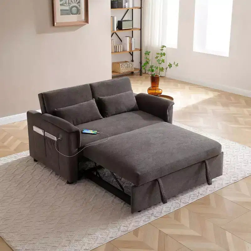 Convertible Sofa Bed Couch with Side Pockets & Adjustable Backrest, Velvet Upholstered Loveseat Sofa for Living Room, Bedroom