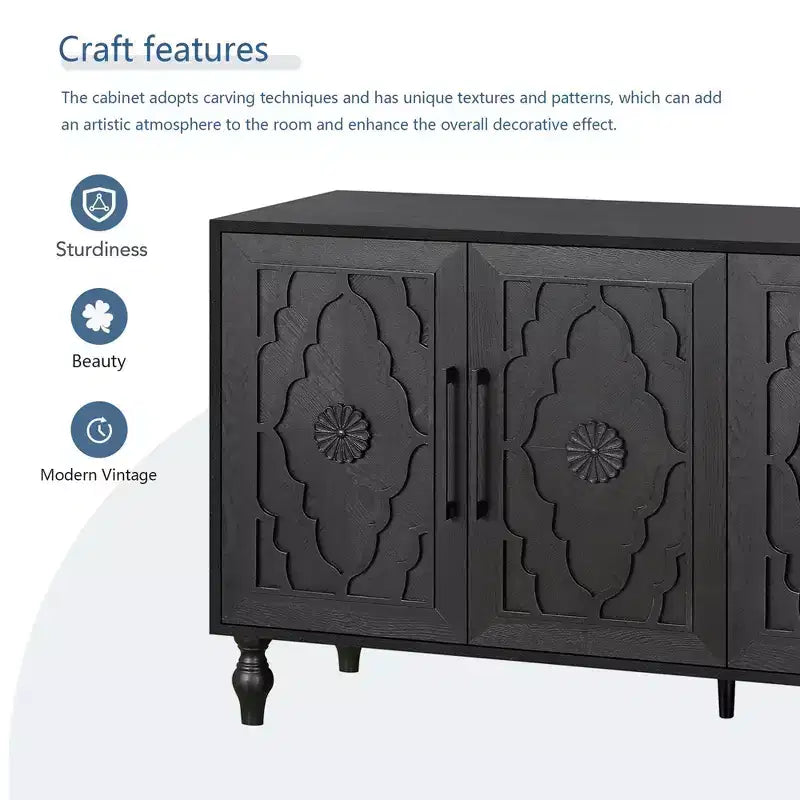 Large Storage Cabinet with Metal Handle, Carved Flower Doors, Wooden Mordern Sideboard Console with Adjustable Shelves