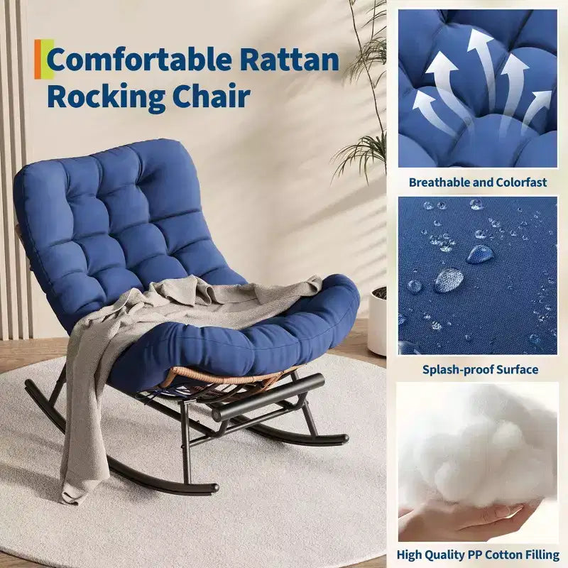 Oversized Rocking Chair with Footrest, Upholstered Lounge Chair with Metal Frame, Patio Reclining Chair for Patio Backyard Bedroom Garden