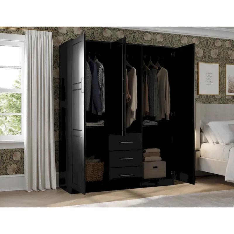 3-Door Solid Pine Wood Wardrobe Armoire, 72"H x 56"W, Mirrored or Panel Door, 3 Clothing Rods