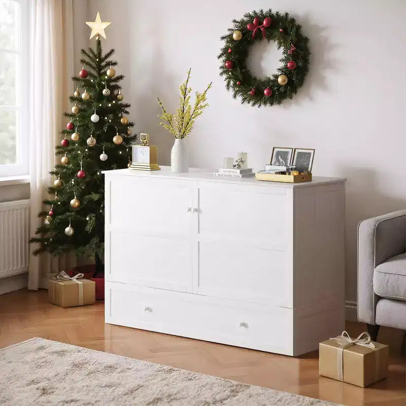 Murphy Bed Cabinet, Modern Murphy Bed Queen with Mattress, Built-in USB Charging Station & Drawers