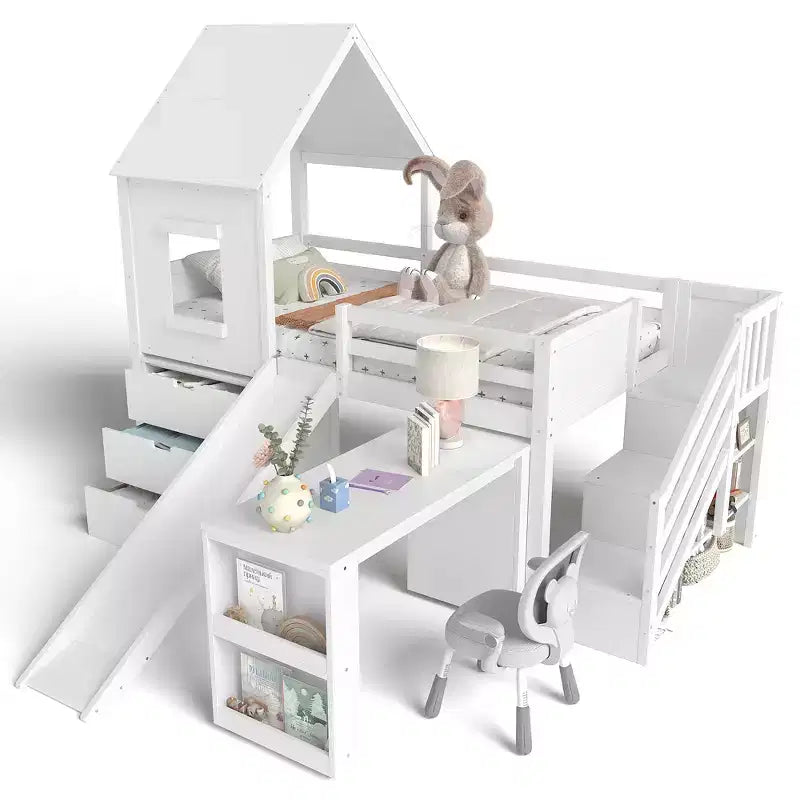 Twin Size Loft Bed with 3 Drawers & Storage Stair, Wooden House-style Bed Frame with Slide and Remevoable Desk