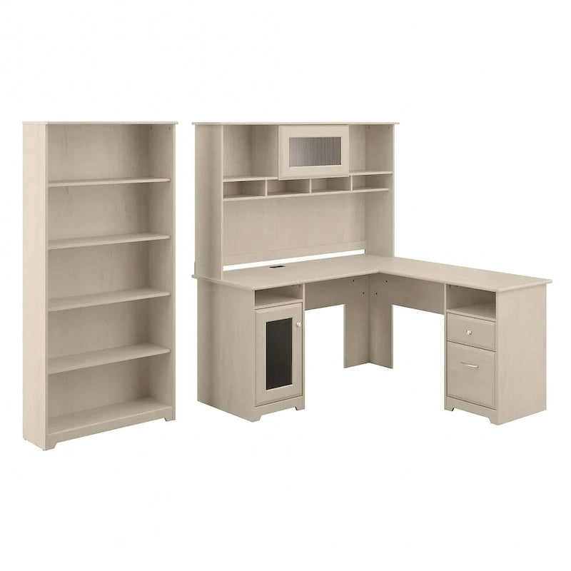 60" L-Shaped Computer Desk with Hutch, 5-Shelf Bookcase & File Drawer, 200 lb Desktop Capacity