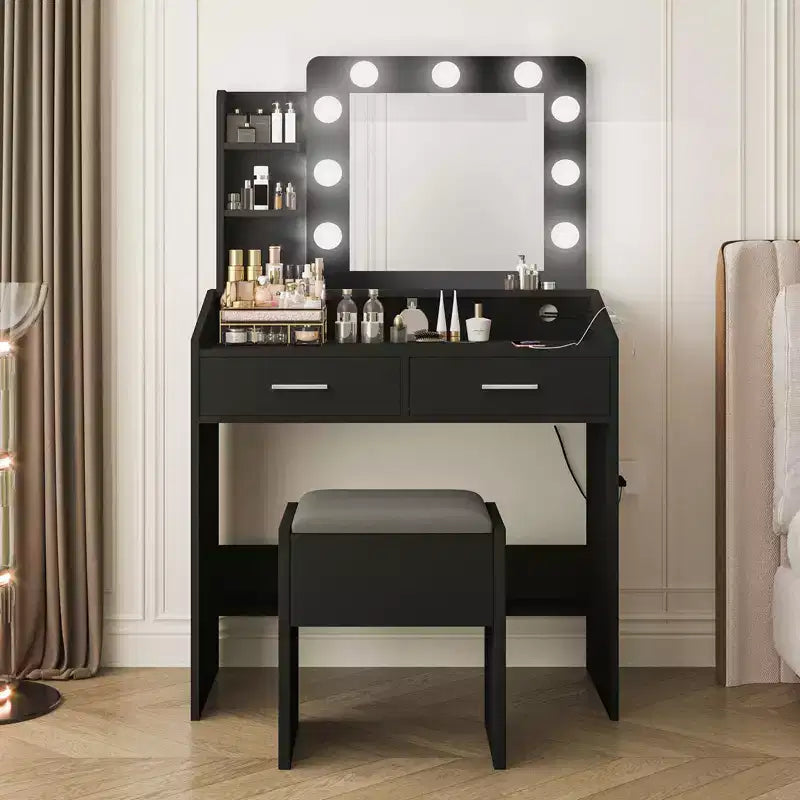 Vanity Desk with Mirror and Lights, Makeup Vanity with Power Outlet & Cushioned Stool, 3 Lighting Modes Adjustable Brightness, Dressing Table