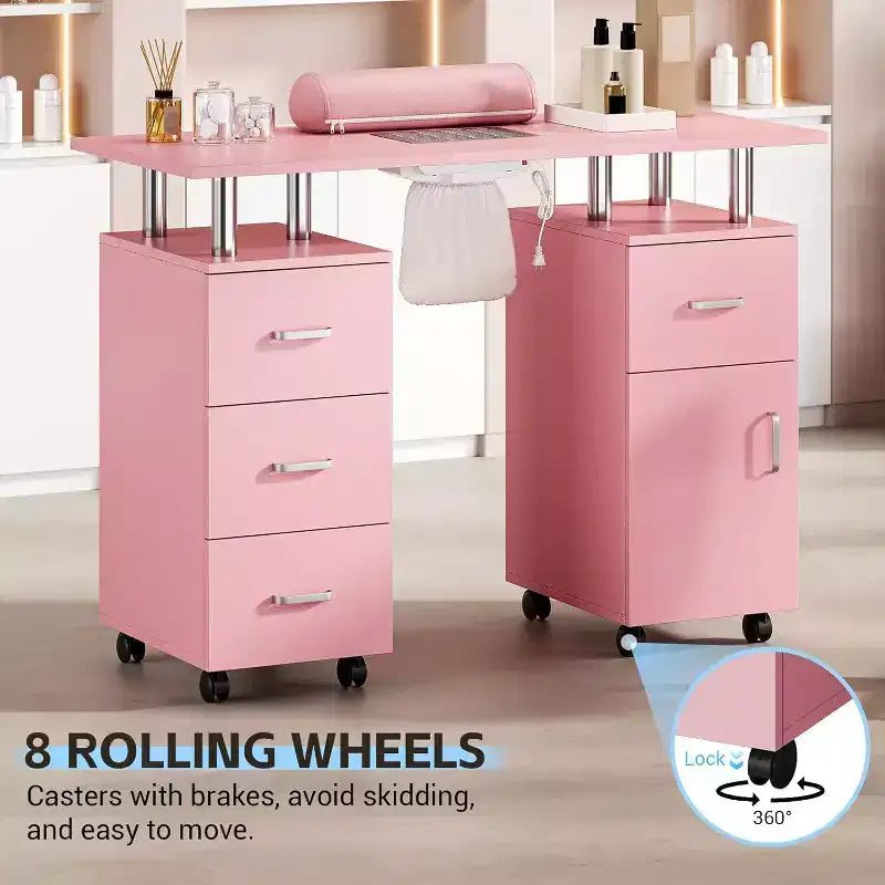 Manicure Table with Electric Dust Collector,42 Nail Table Beauty Salon Station with Lockable Wheels, Arm Rest,4 Storage Drawers,Resistant Top