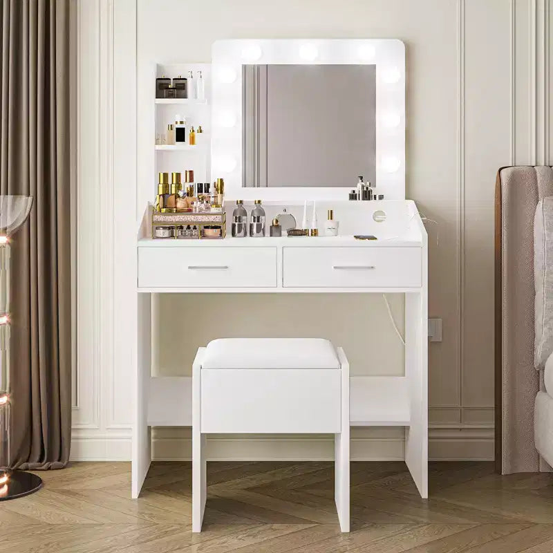 Vanity Desk with Mirror and Lights, Makeup Vanity with Power Outlet & Cushioned Stool, 3 Lighting Modes Adjustable Brightness, Dressing Table