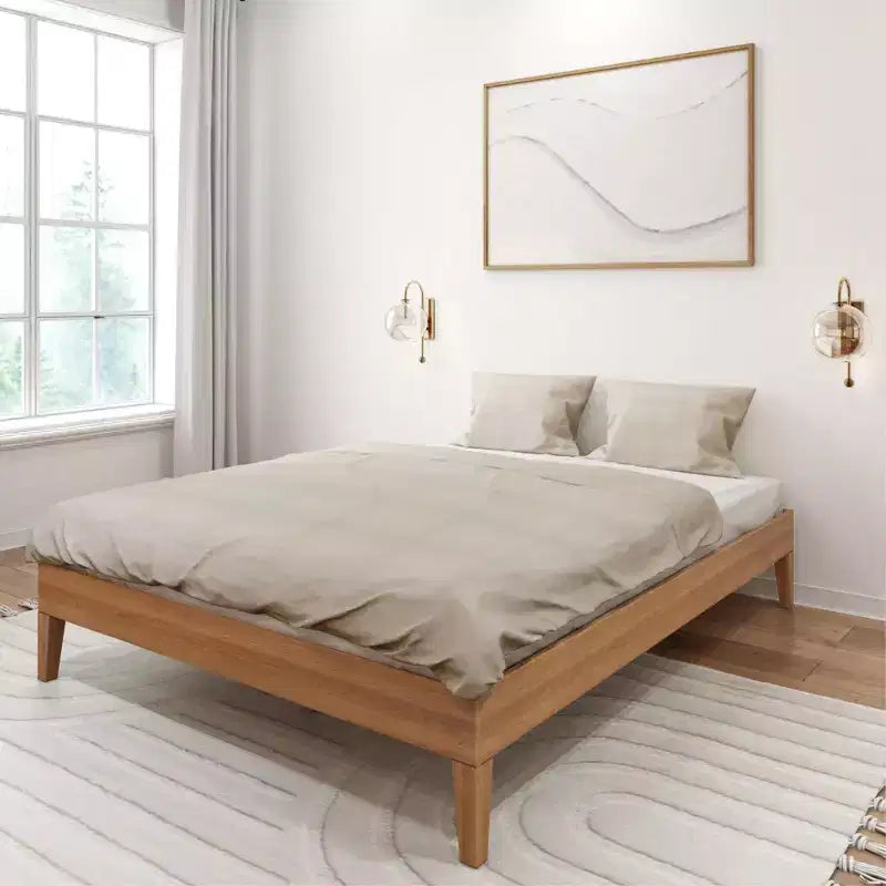 Solid Wood Queen Platform Bed Frame with Pine Slats, 14"H, 750 lb Capacity, No Box Spring Needed