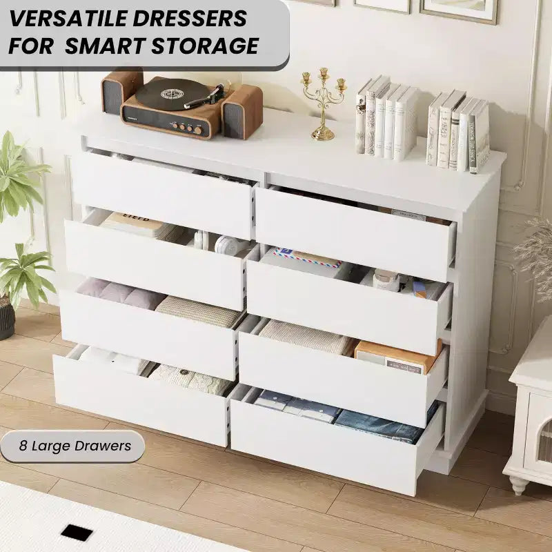 Modern Dresser for Bedroom with 8 Drawers, Wooden Storage Organizer Unit for ClosetWide Chest of Drawers