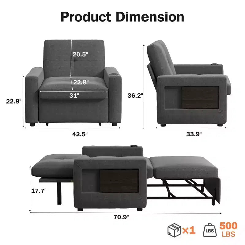 3-in-1 Sleeper Sofa Chair Bed, 42.5 Wide Convertible Pull-Out