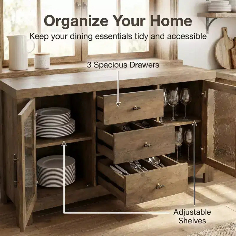 54.4 Buffet Sideboard, Accent Storage Cabinet with 2 Glass Doors & 3 Drawers, Coffee Bar Table, TV Stand for Living Room, Kitchen, Dining Room