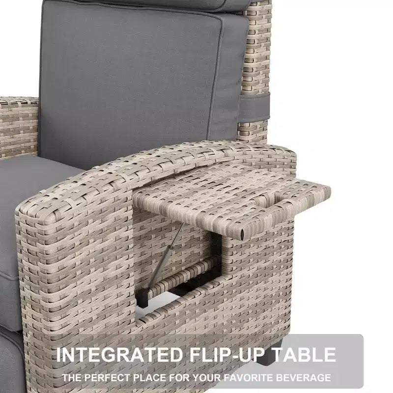 Outdoor Recliner Chair, Reclining Patio Chairs with Adjustable Backrest & Footrest, Wicker Lounge Recliner Up to 150 with Flip-Up Table
