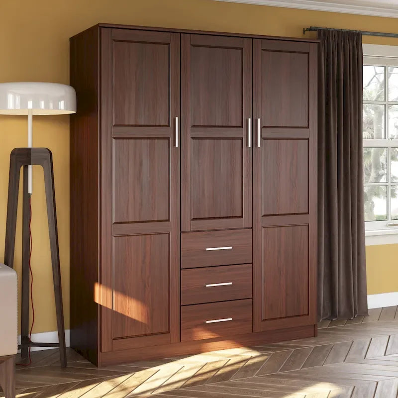 3-Door Solid Pine Wood Wardrobe Armoire, 72"H x 56"W, Mirrored or Panel Door, 3 Clothing Rods