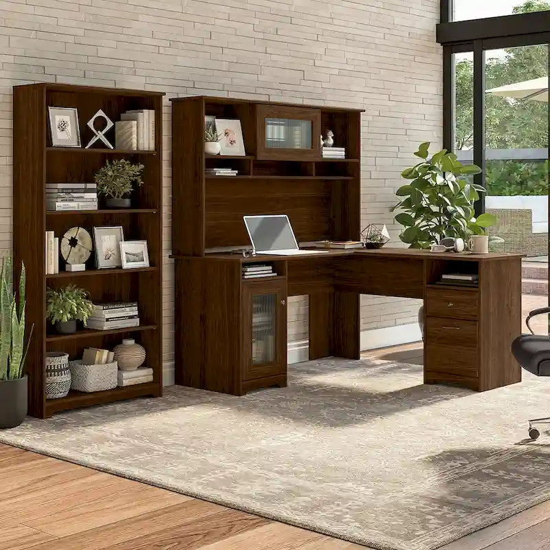 60" L-Shaped Computer Desk with Hutch, 5-Shelf Bookcase & File Drawer, 200 lb Desktop Capacity