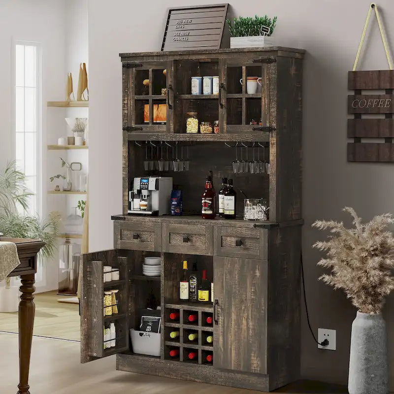 72" Kitchen Pantry Cabinet with Wine Rack, 3 Drawers & Charging Station