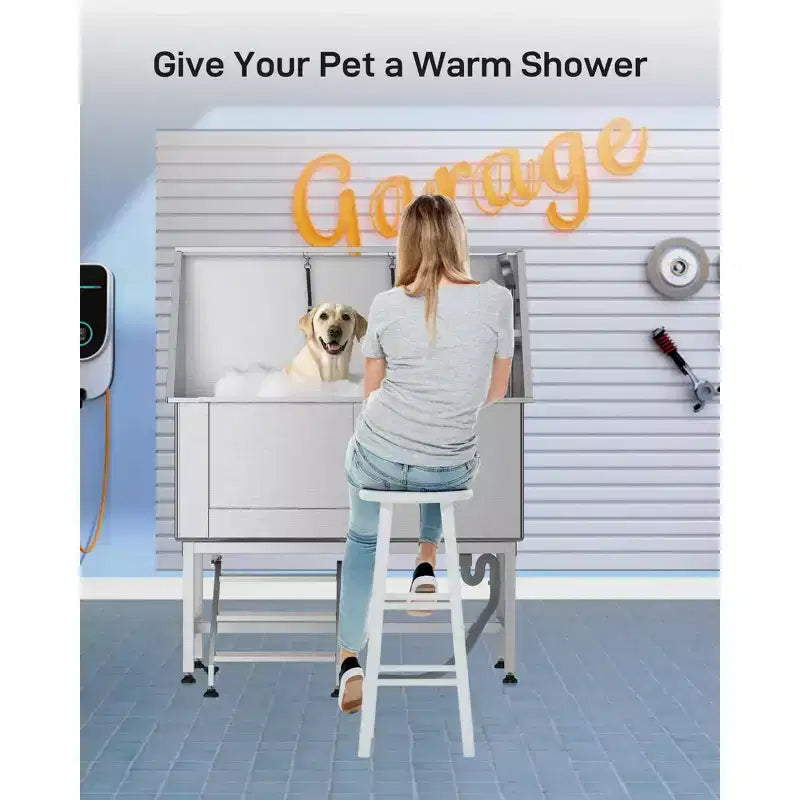 Dog Bath Tub, Dog Grooming Tub 50 Inch Professional Stainless Steel - with Stairs Floor Grate Faucet for Medium & Small Pets