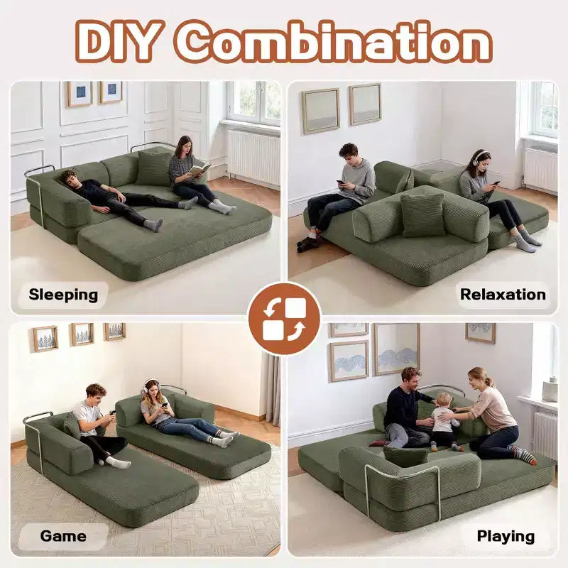 Okak Convertible Floor Sofa Bed Loveseats with Blanket & Pillows,Corduroy Fabric Futon Couch for Living Room,Apartments