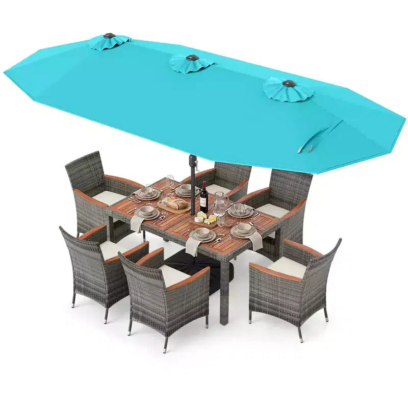 Gymax 8-Piece Patio Dining Set w/ Double-Sided Market Umbrella Acacia Wood Top