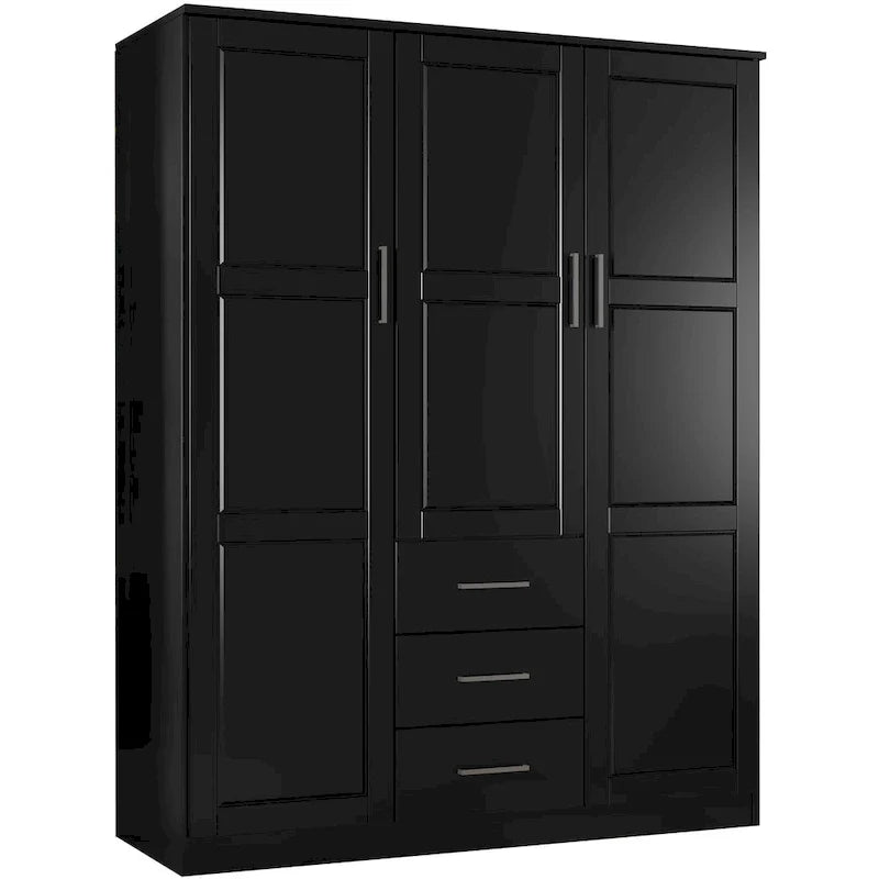 3-Door Solid Pine Wood Wardrobe Armoire, 72"H x 56"W, Mirrored or Panel Door, 3 Clothing Rods