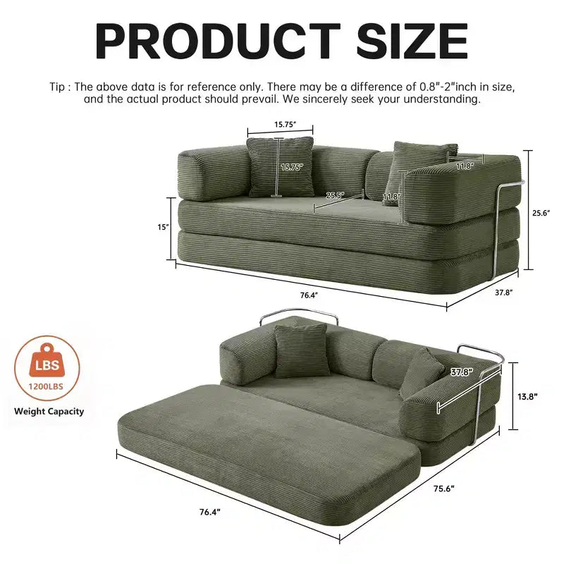 Okak Convertible Floor Sofa Bed Loveseats with Blanket & Pillows,Corduroy Fabric Futon Couch for Living Room,Apartments