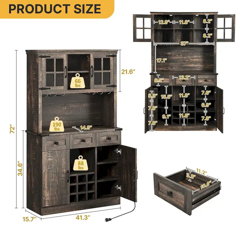 72" Kitchen Pantry Cabinet with Wine Rack, 3 Drawers & Charging Station