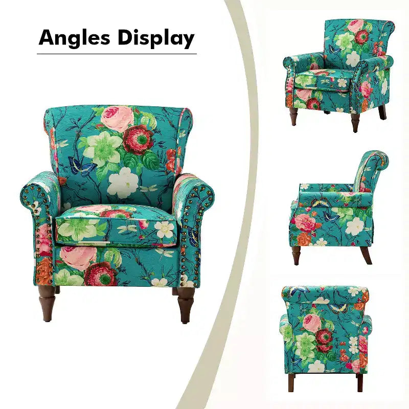 Traditional Wooden Upholstered Floral Armchair with Wingback and Nailhead Trim