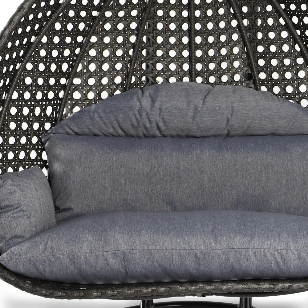 LeisureMod 2 Person Hanging Egg Chair with Stand - Outdoor/Indoor Rattan Wicker Patio Swing Hammock Lounger with Cushions