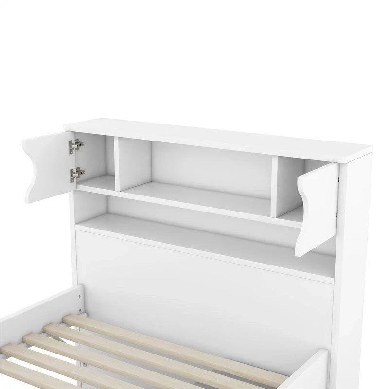 Twin/Full Size Captain Platform Bed with 4 Drawers and Storage Shelves, Solid Wood Bed Frame with Storage Bookcase Headboard
